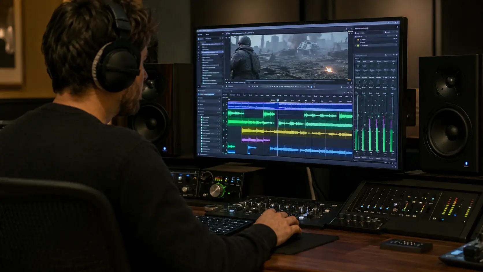 Editor at a timeline using veme to add sound effects to video with matched audio cues