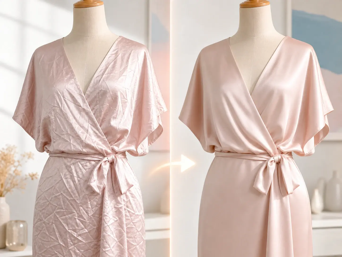 Side by side preview of texture kept by the Clothes Wrinkle Remover on silk fabric