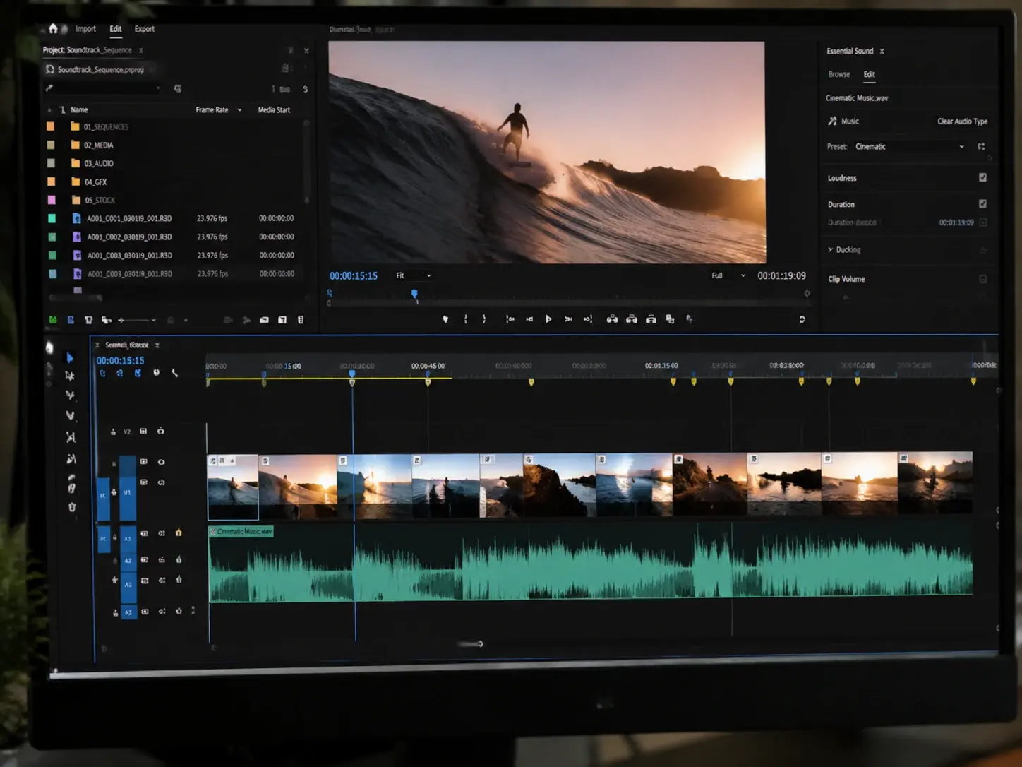 Timeline showing video frames matched to a score by the AI music generator on a monitor