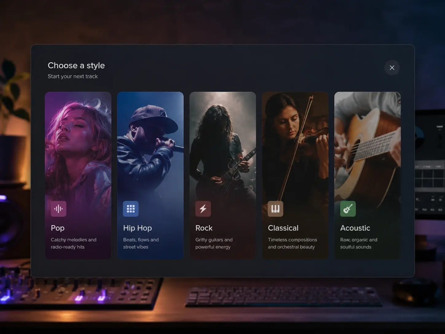 Stilpanel med genrevalg til en original score i en ai musik generator