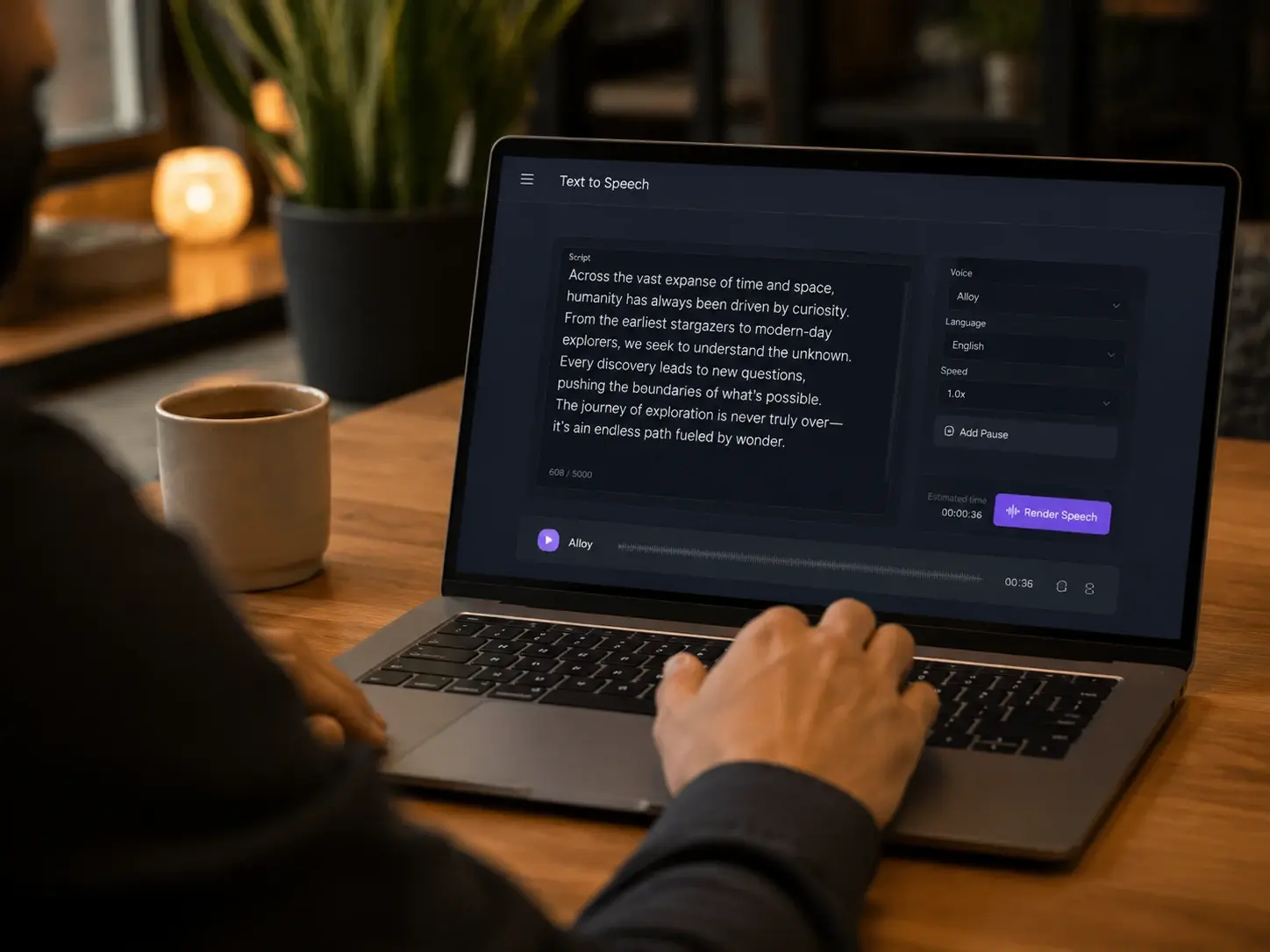 Editor pasting a script into the Voiceover Generator panel to render a narration track