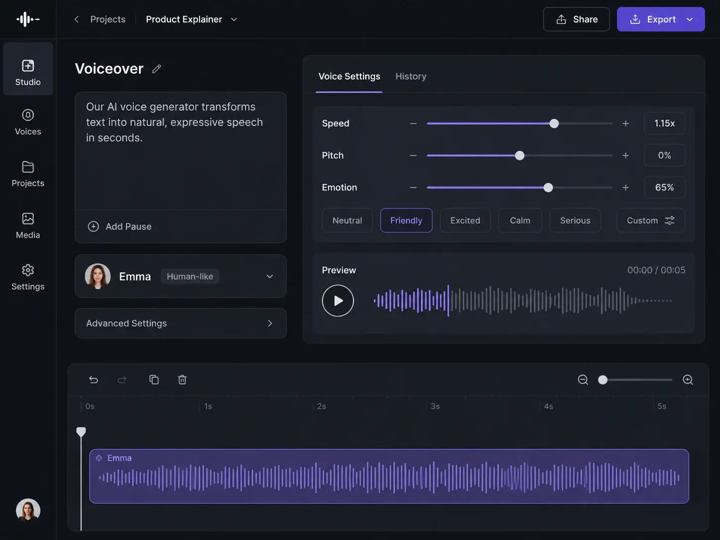 Tone and pacing controls inside the Voiceover Generator shaping a human sounding read