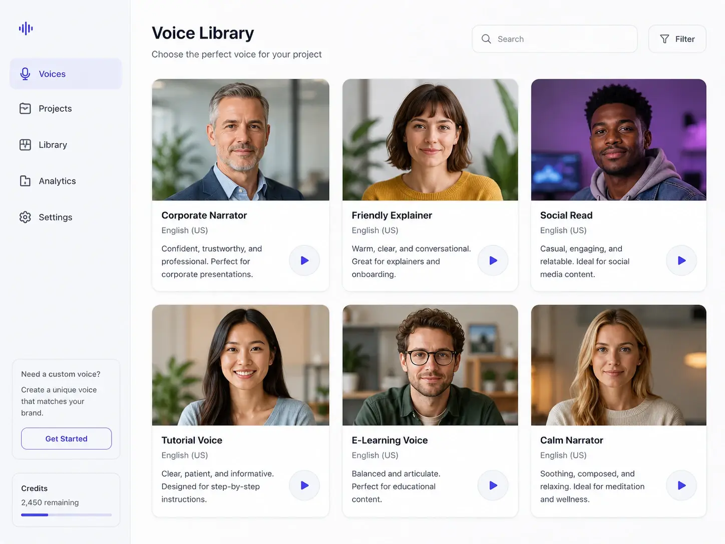 Voice library inside the Voiceover Generator listing corporate, explainer, and ad reads