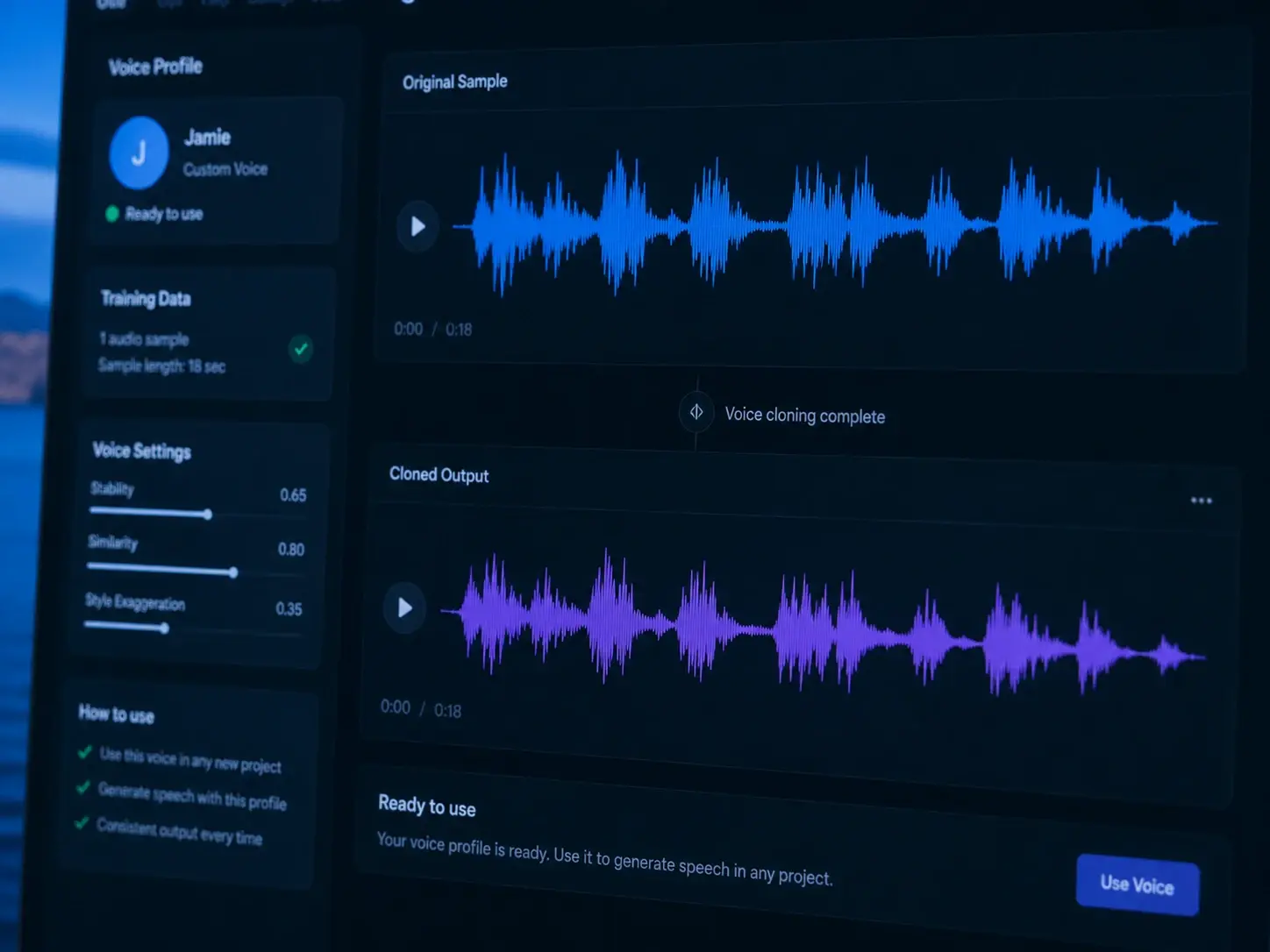 Custom voice clone profile in the Voiceover Generator matching a brand narrator sample
