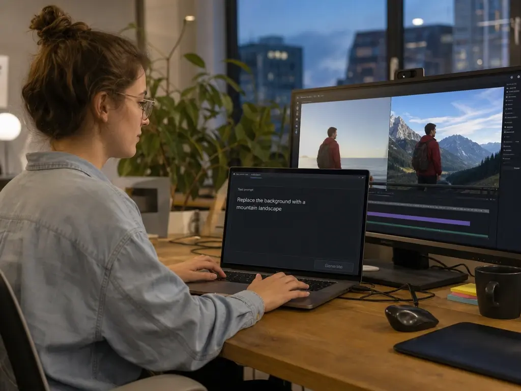 Editor typing a text driven change in the AI video editor to swap a clip background