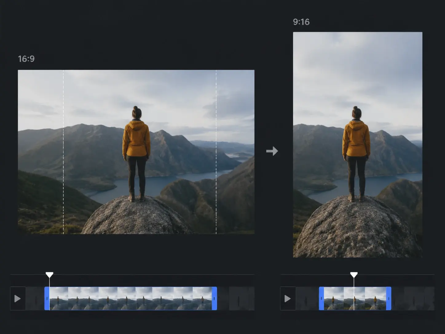 Vertical reformat preview in the AI video editor showing a wide clip resized for feeds