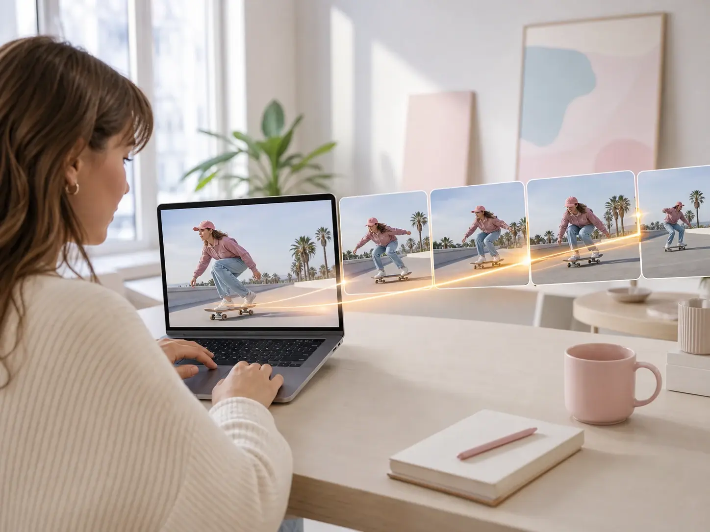 Editor stretching a short reel into a longer cut with the AI video extender on a laptop