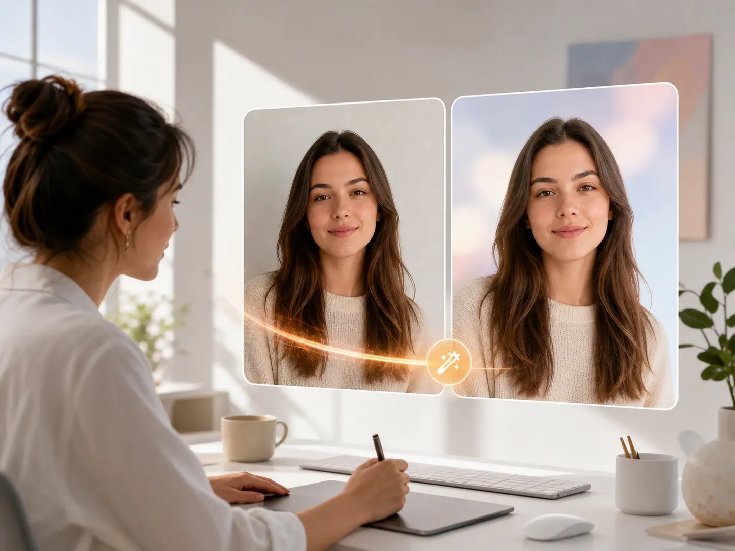 Designer changing a portrait background in the AI image editor on a clean studio desktop