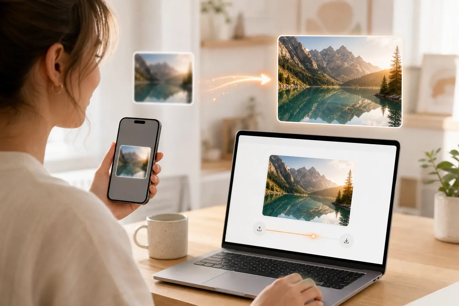 Designer running the image upscaler on a phone browser with no app installed on screen