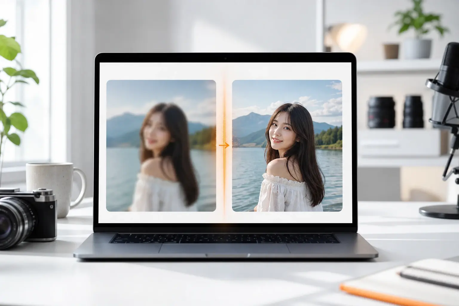 Soft product photo restored to a crisp file by the image upscaler in a browser tab