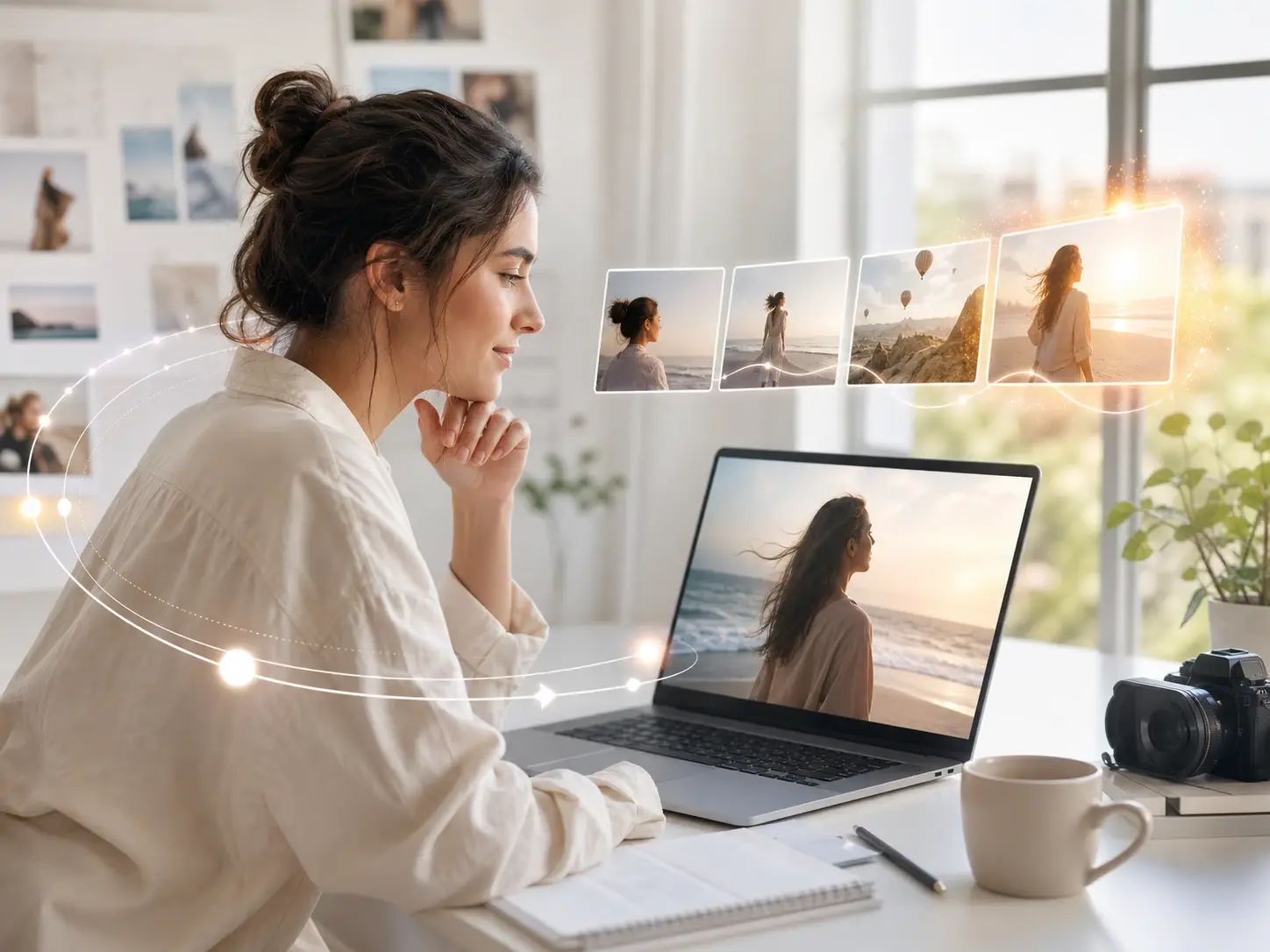 Productor social planifica un clip narrativo corto en un portatil junto a una ventana