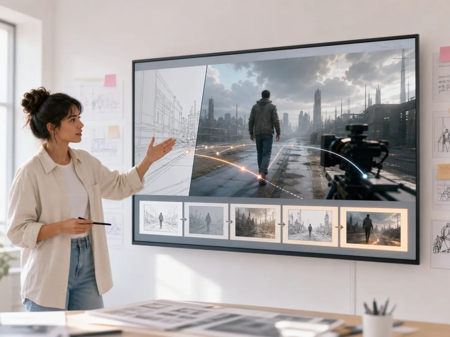 Director de preproduccion presenta una previsualizacion en una pantalla de estudio