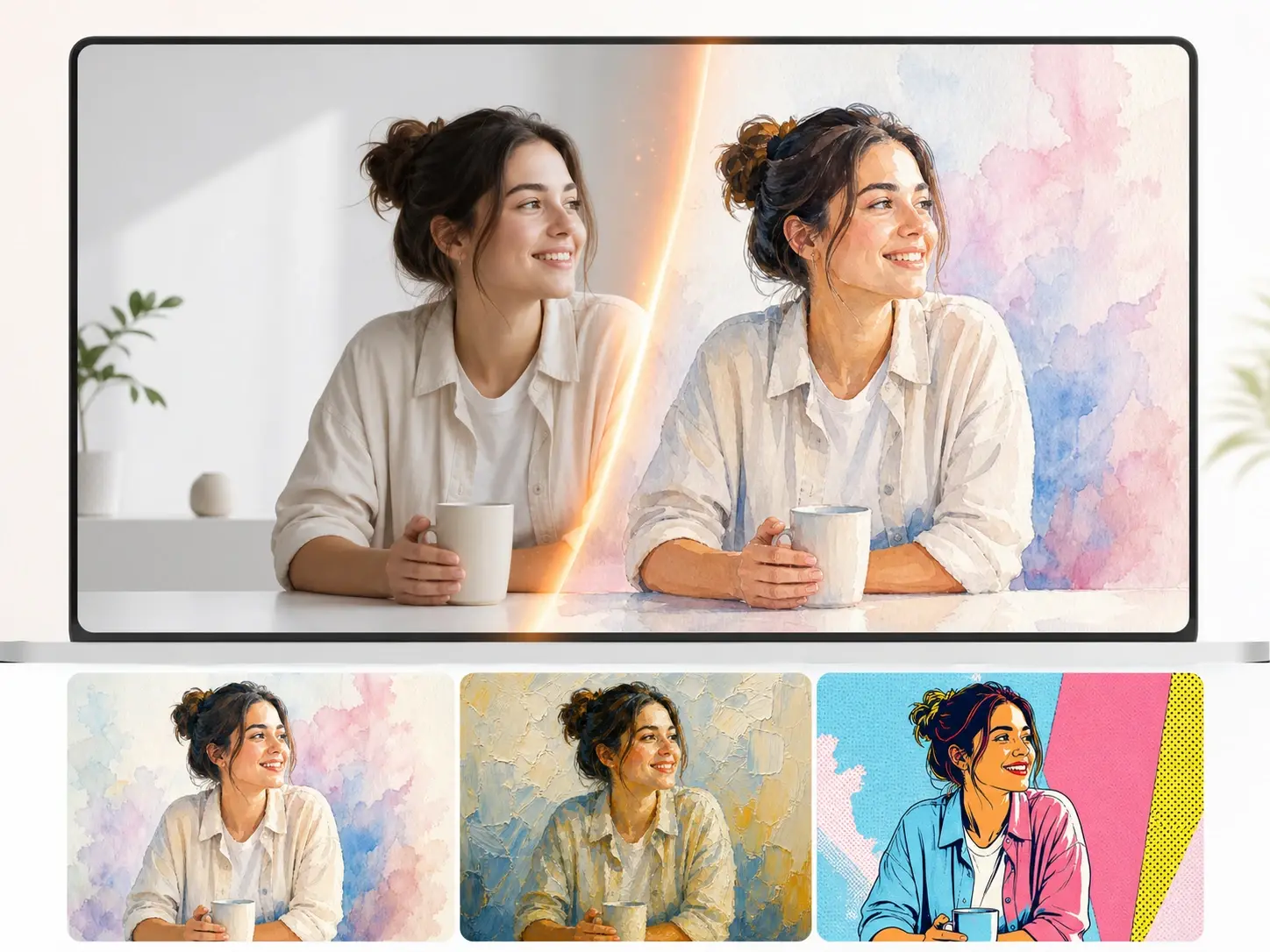 Bibliotek af kunststile i stiloverførsel med akvarel, olie og pop art på en stationær computer