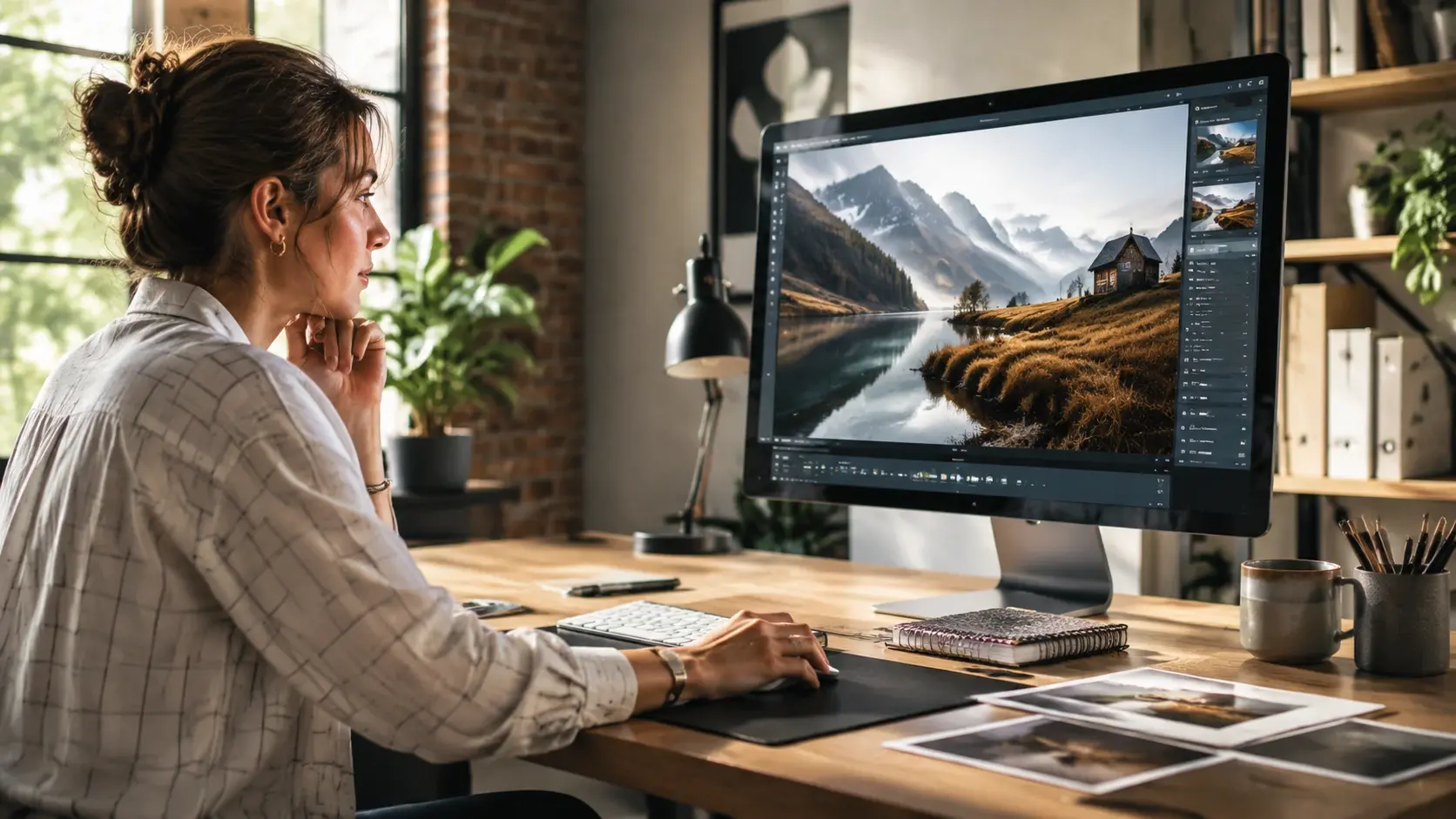 Designer rendering a print ready frame in the AI image generator on a studio monitor
