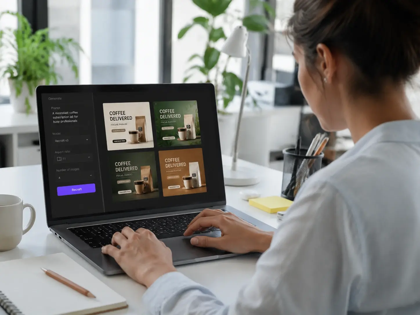 Disenador de marketing exporta visuales de anuncio con el generador de fotos ia en su escritorio