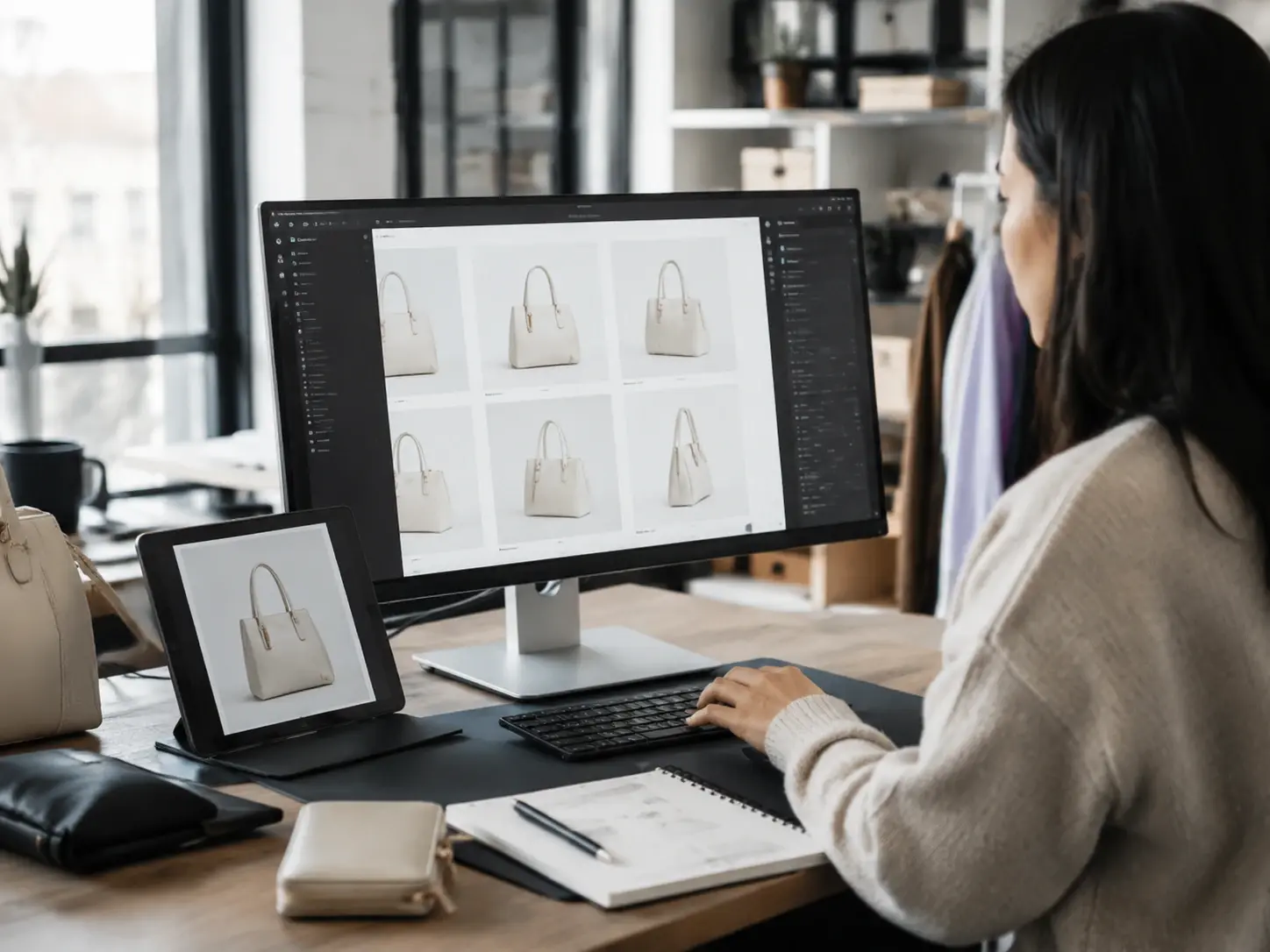 Ecommerce manager building catalogue frames with the AI image generator from a reference shot