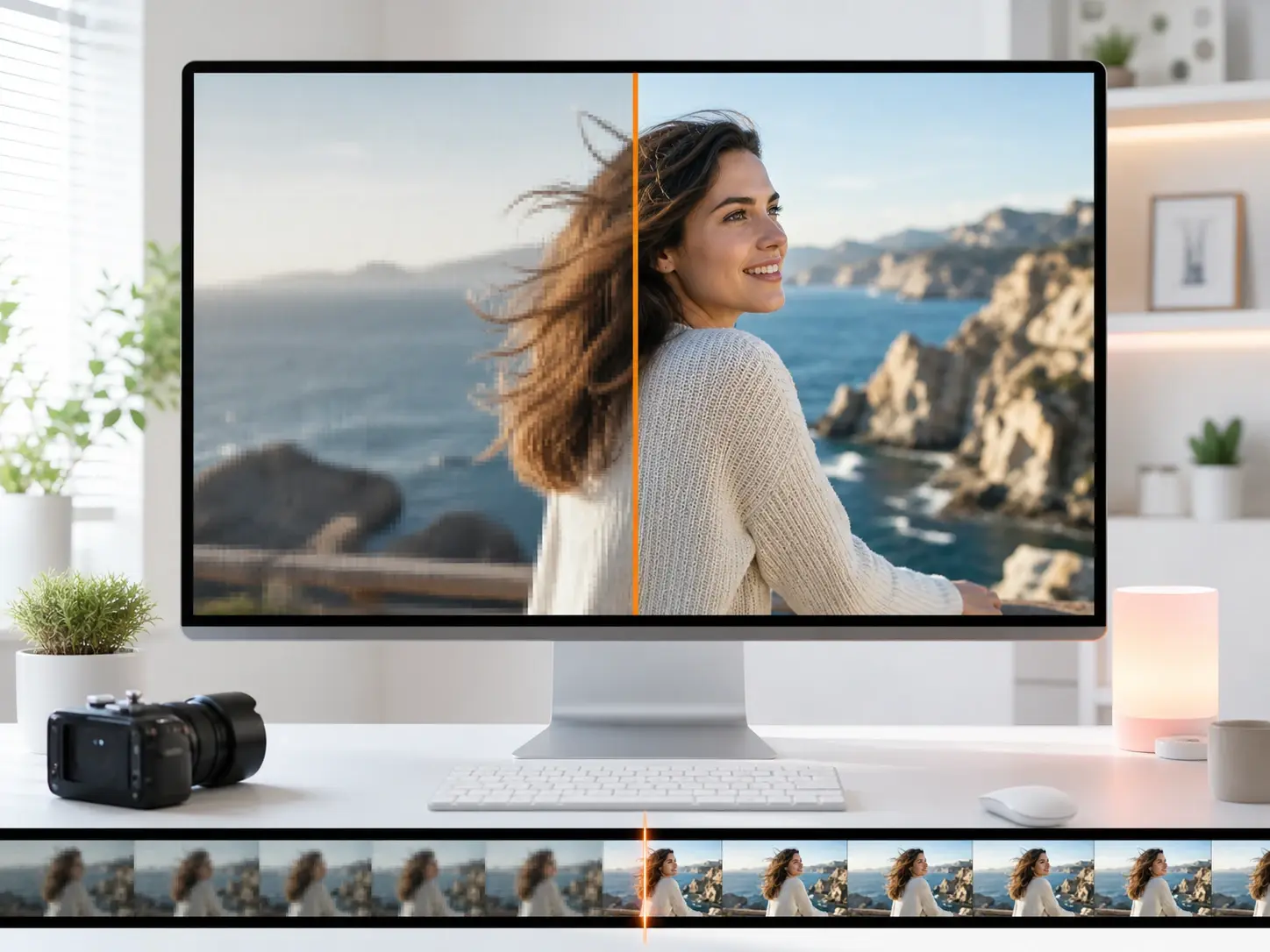 Blødt kildeklip skærpet til 4K-detalje i et værktøj til videoforbedring i tidslinjevisning