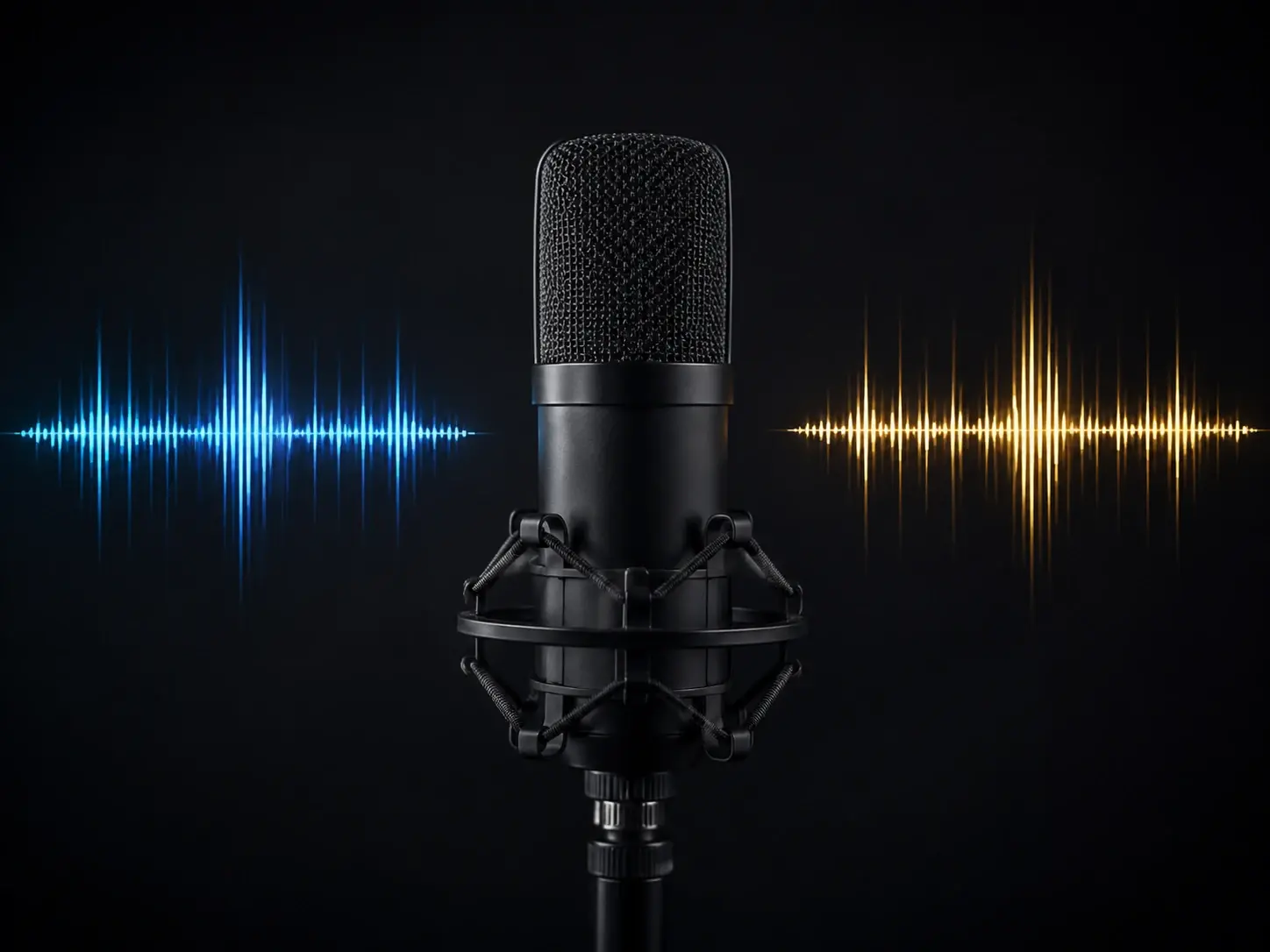 Audio producer recording a short sample for voice cloning at a studio desk with a microphone
