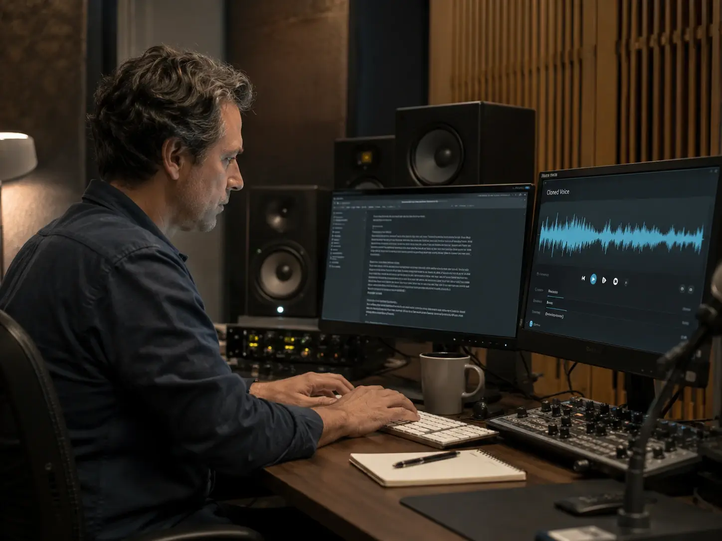 Narration producer typing a script while voice cloning reads it back at an editing workstation