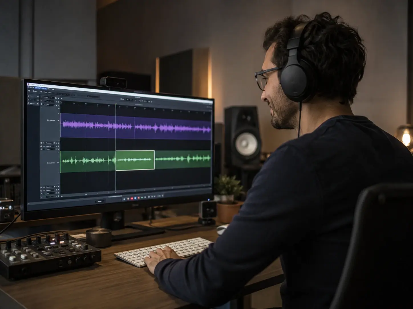Podcast editor patching a missing line through voice cloning on a multitrack timeline display