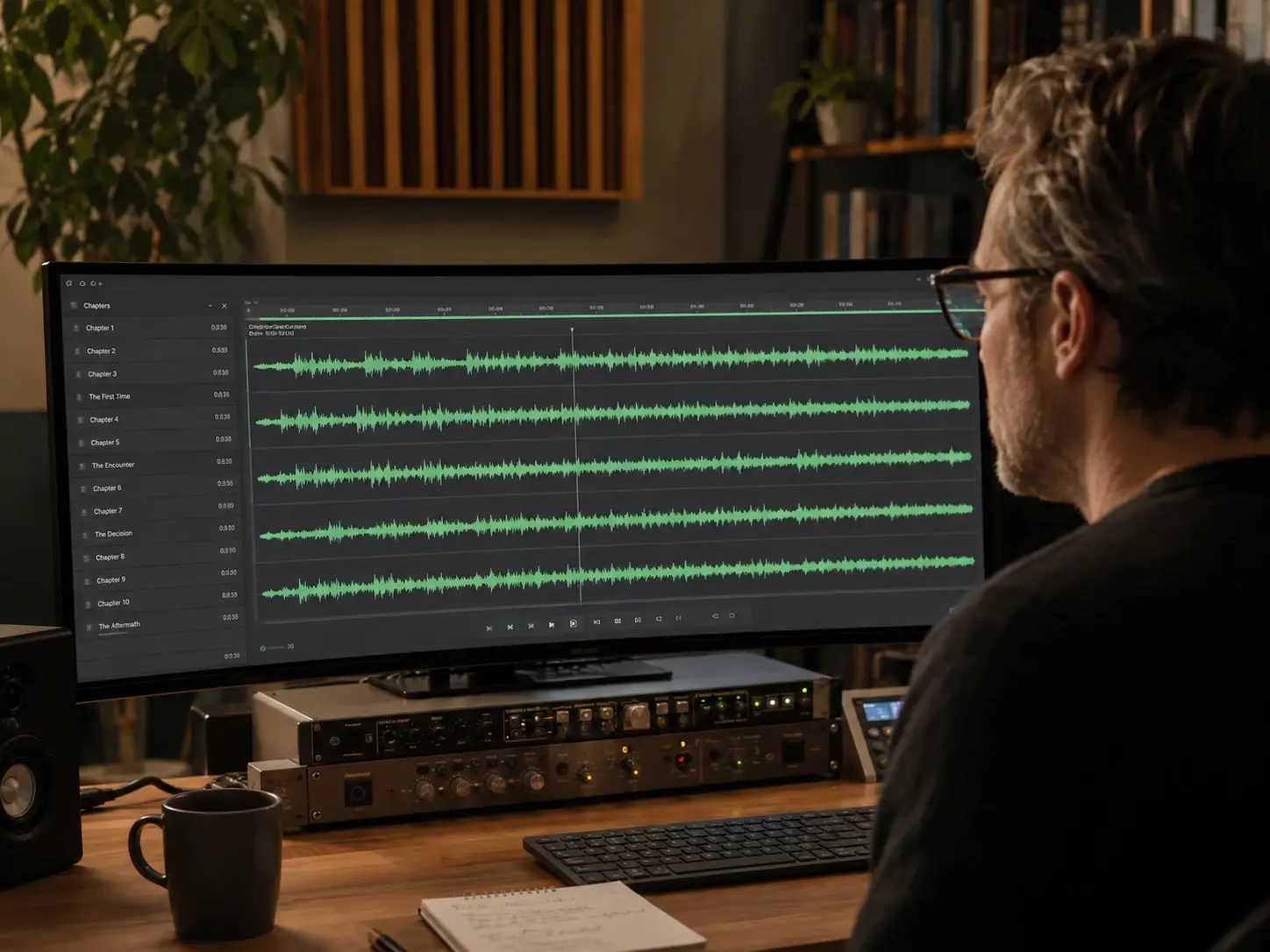 Audiobook publisher reviewing chapter audio built with voice cloning on a wide studio monitor